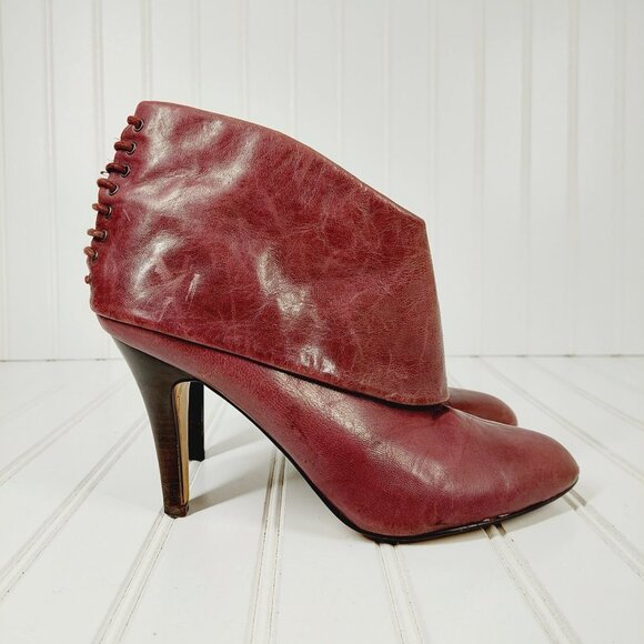 Nine West Burgundy Brown Leather Side Zip Fold Over Lace Back Heel Boots I140 - Picture 5 of 11